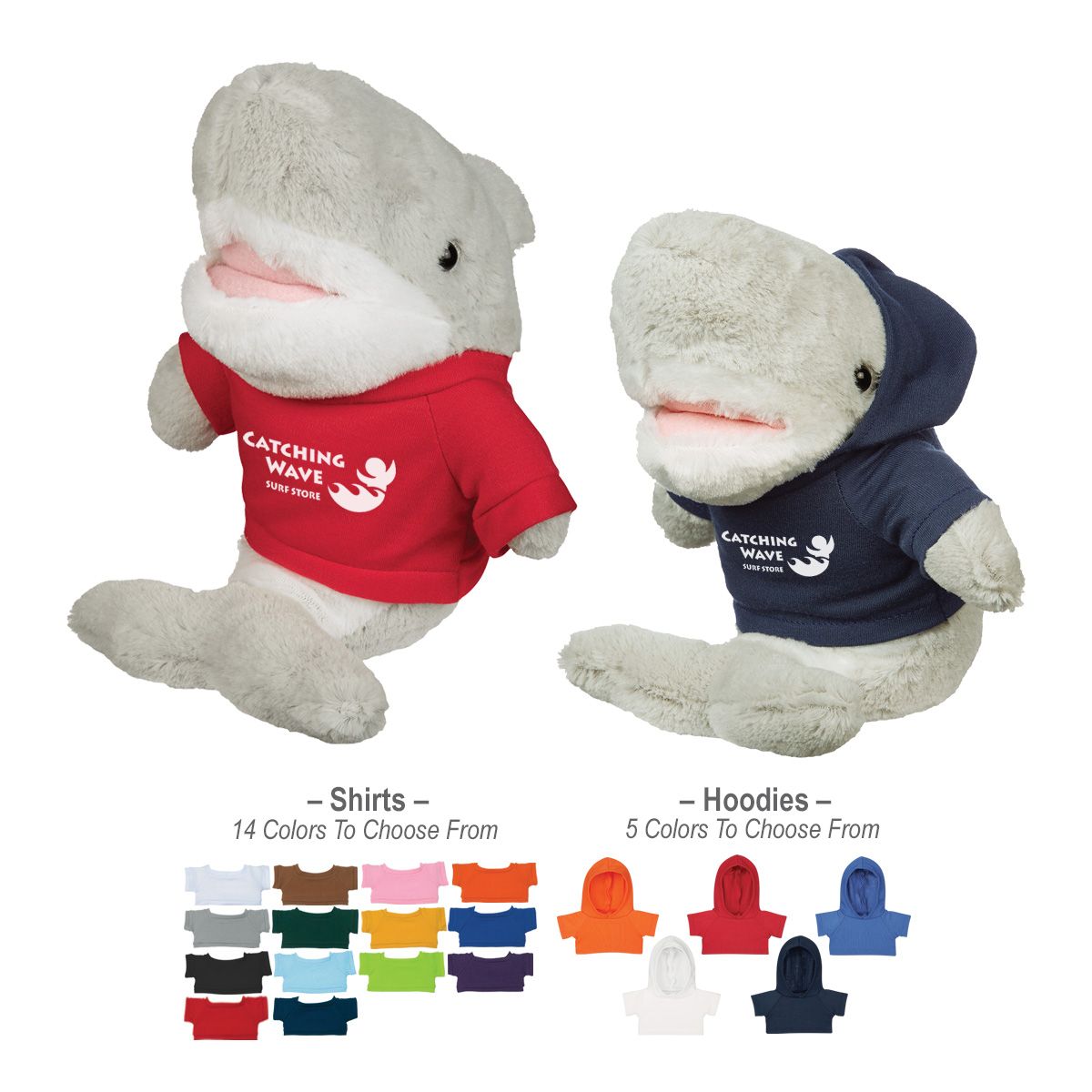 stuffed shark with red or navy hoodie